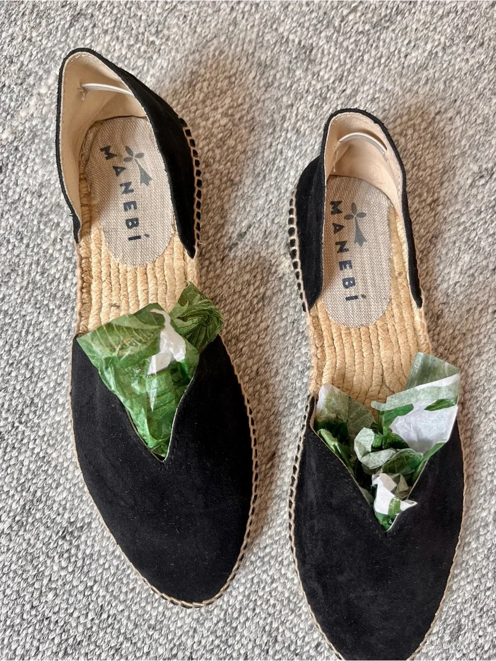 Manebi 38 Hamptons open side espadrille flats black suede US 8